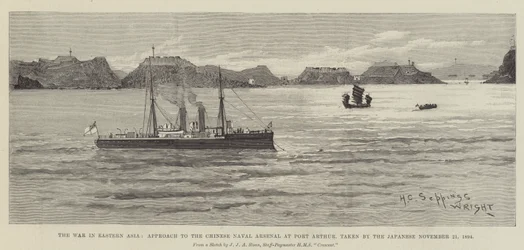 Der Krieg in Ostasien, Annäherung an das chinesische Marinearsenal in Port Arthur, von den Japanern am 21. November 1894 eingenommen